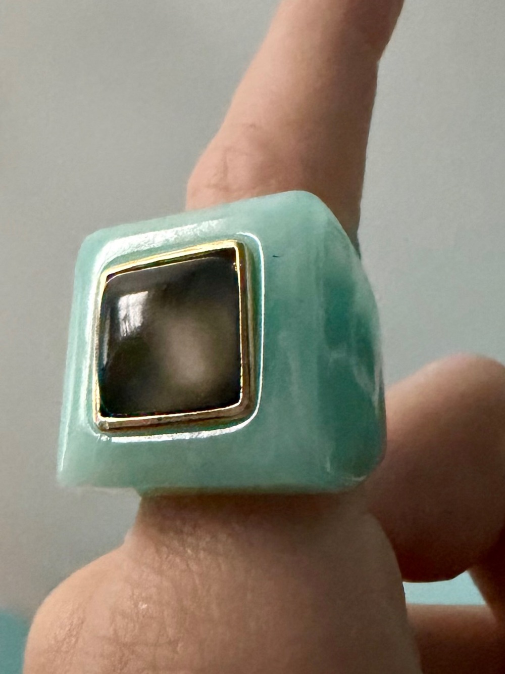 Lucas Jack Chunky Mint Green Resin Ring with Blue Stone Accent - Picture 2 of 3